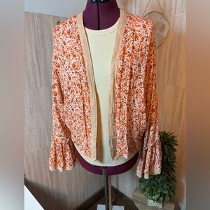 Malini Floral Open Front Cardigan Fabric in Orange and Pink